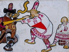 watercolor showing two foot-stomping clowns