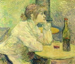 Impressionist painting of a depressed-looking woman at a small round table, a mostly empty tumbler on the table in front of her