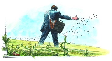 illustration shows man spreading money in a corn field, suggesting the 'seeds' of growing wealth