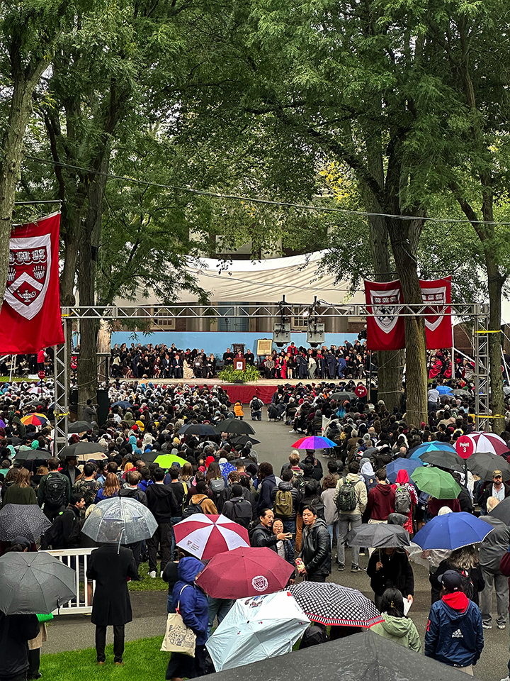 People with umbrellas crowded in Tercentenary Theatre 