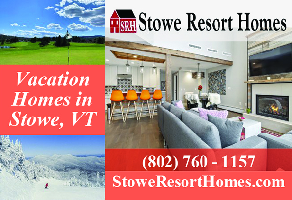 Stowe Resort Homes. Vacation Homes in Stowe, VT. 802-760-1157, StoweResortHomes.com. Photos of a golf course, a mountain with snow with someone skiing and a modern-style living room with a grayish blue couch, fireplace, big-screen tv and kitchen area with 4 orange high stools.