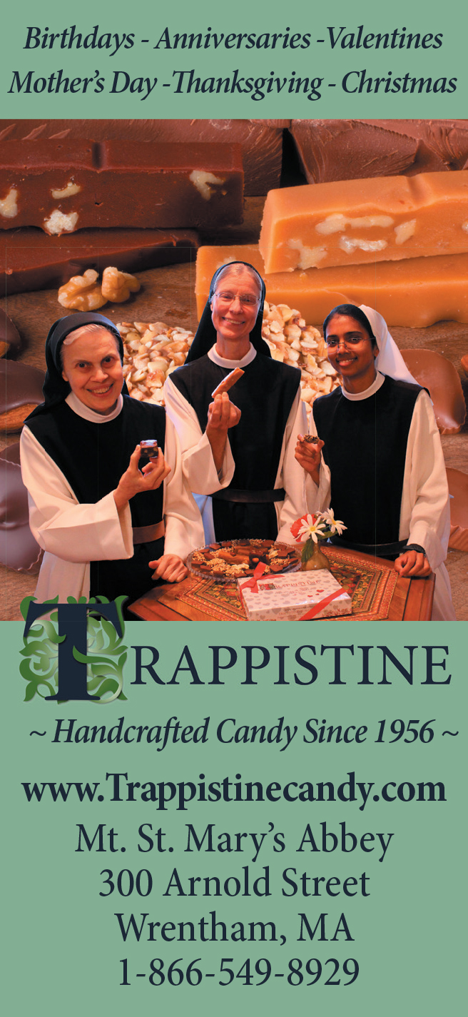 3 women in nun habits holding candy. Trappistine. Handcrafted Candy since 1956.