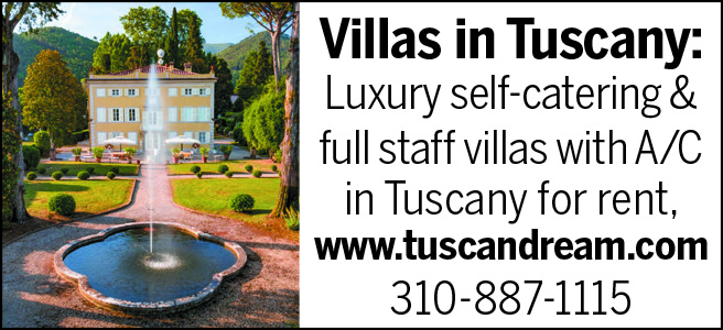 Villas in Tuscany: Luxury self-catering & full staff villas with A/C in Tuscany for rent. www.tuscandream.com. 310-887-1115. Photo of a water fountain spewing water and behind it a tan/yellow Italian villa, 3 stories high, with trees and a green lawn and bushes.