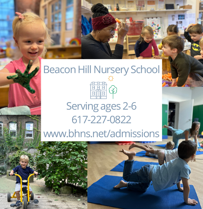 Child fingerpainting, children with a teacher, child riding a tricycle, children doing yoga. Beacon Hill Nursery School. Serving ages 2-6. 