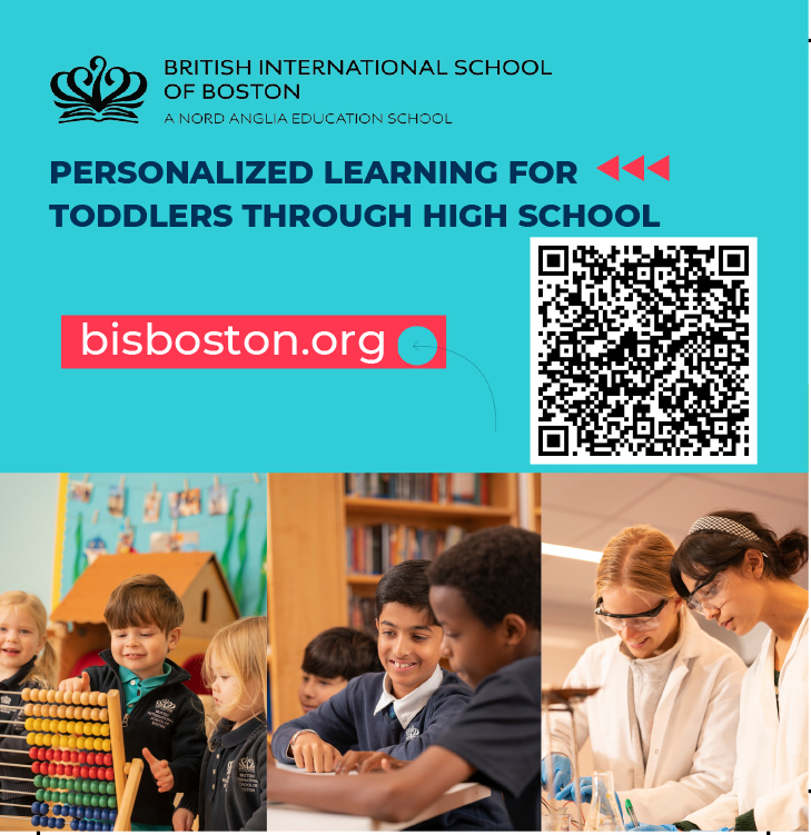 British International School of Boston. Personalized learning for toddlers through high school. Children playing with an abacus, children typing, children in a science lab