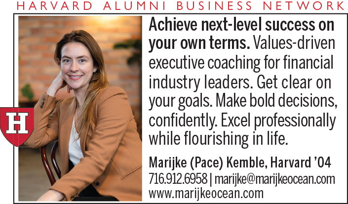 Caucasian woman with shoulder length brown hair, brown blazer, white top. Achieve next-level success on your own terms. Values-driven executive coaching for financial industry leaders. Marijke (Pace) Kemble, Harvard ’04. 