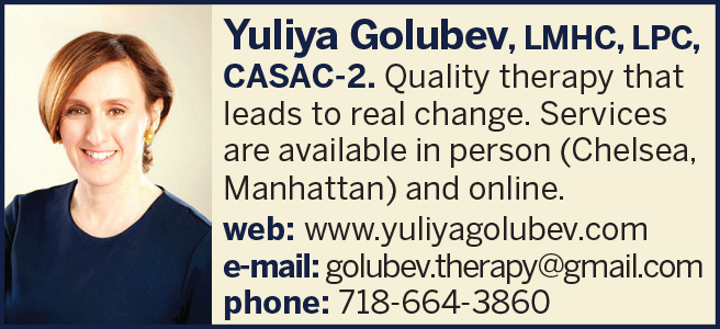 Caucasian woman w/ short brown hair and a dark blue top. Yuliya Golubev, LMHC, LPC, CASAC-2. Quality therapy that leads to real change. Services are available in person (Chelsea, Manhattan) and online.