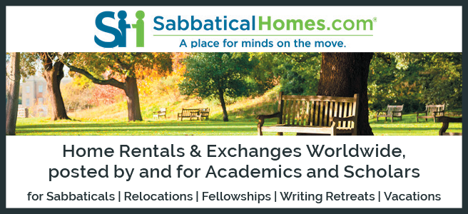 Advertisement for SabbaticalHomes.com, promoting home rentals and exchanges for academics and scholars.