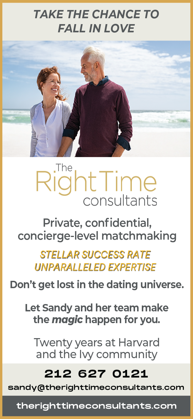 The image is an advertisement for "The Right Time Consultants," a private, confidential matchmaking service. It features a smiling middle-aged couple walking on the beach and promotes the company’s expertise and success in personalized matchmaking. Contact details, including a phone number, email, and website, are displayed at the bottom.