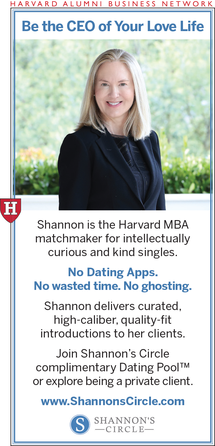 An advertisement for Shannon’s Circle, a Harvard MBA matchmaking service, featuring a professional portrait of Shannon. The ad emphasizes curated, high-caliber introductions for intellectually curious and kind singles, avoiding dating apps and ghosting.