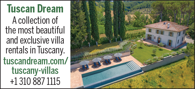 Tuscan Dream - A collection of the most beautiful and exclusive villa rentals in Tuscany. Image of a luxury villa with a swimming pool surrounded by lush greenery. Website: tuscandream.com/tuscany-villas. Contact: +1 310 887 1115.