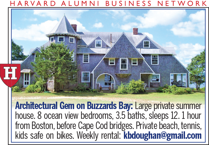 Ad for a private summer home on Buzzards Bay with ocean-view bedrooms, private beach, tennis courts, and more. Includes rental details and contact email.