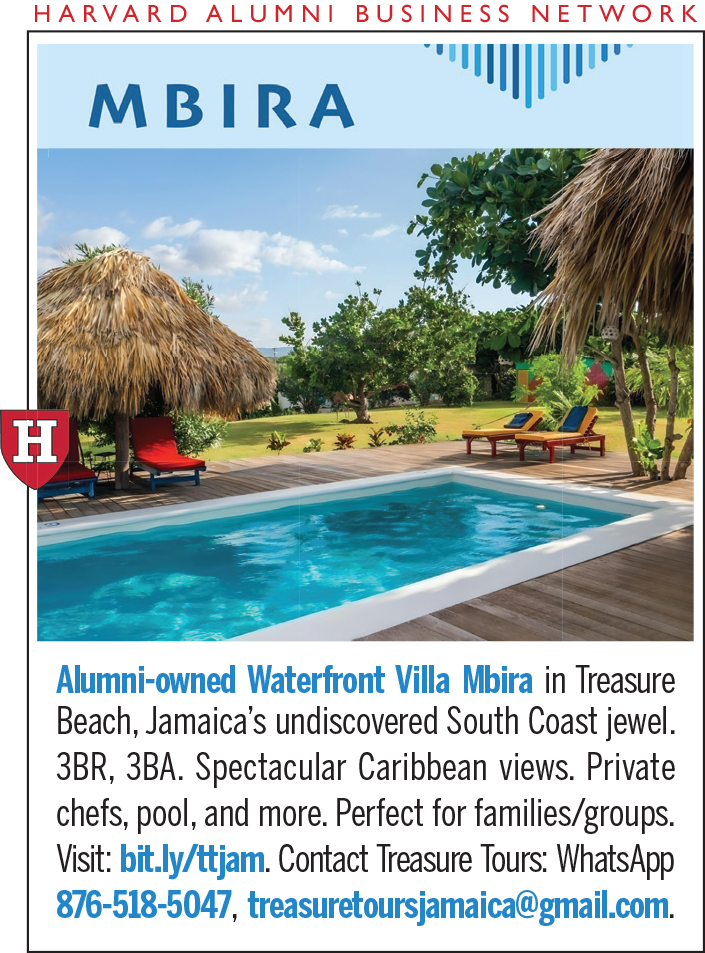 The image is an advertisement for Villa Mbira, an alumni-owned waterfront villa in Treasure Beach, Jamaica. It highlights the villa’s 3 bedrooms, 3 bathrooms, private chefs, pool, and scenic Caribbean views, making it ideal for families and groups. Contact details and a website link for more information and booking are included.