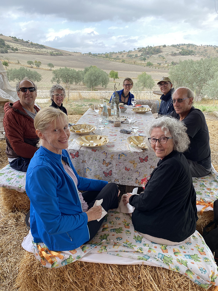 A group of eight people sit around a rectangular outdoor table covered with a floral and butterfly-patterned tablecloth, enjoying a meal in a rustic setting. The table is set with wine glasses, bread baskets, and carafes of water. They are seated on hay bales covered with fabric featuring garden-themed prints. Behind them is a scenic view of rolling hills, olive trees, and cloudy skies, suggesting a countryside location. Everyone is smiling and dressed casually, indicating a relaxed, convivial atmosphere.