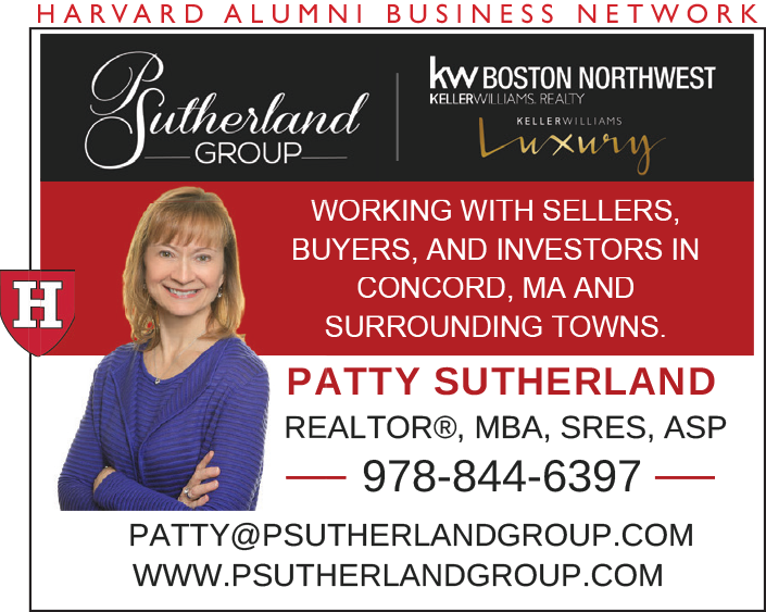 Patty Sutherland real estate advertisement featuring her photo, contact details, and Keller Williams affiliation. Highlights services for buyers, sellers, and investors in Concord, MA, and surrounding towns.