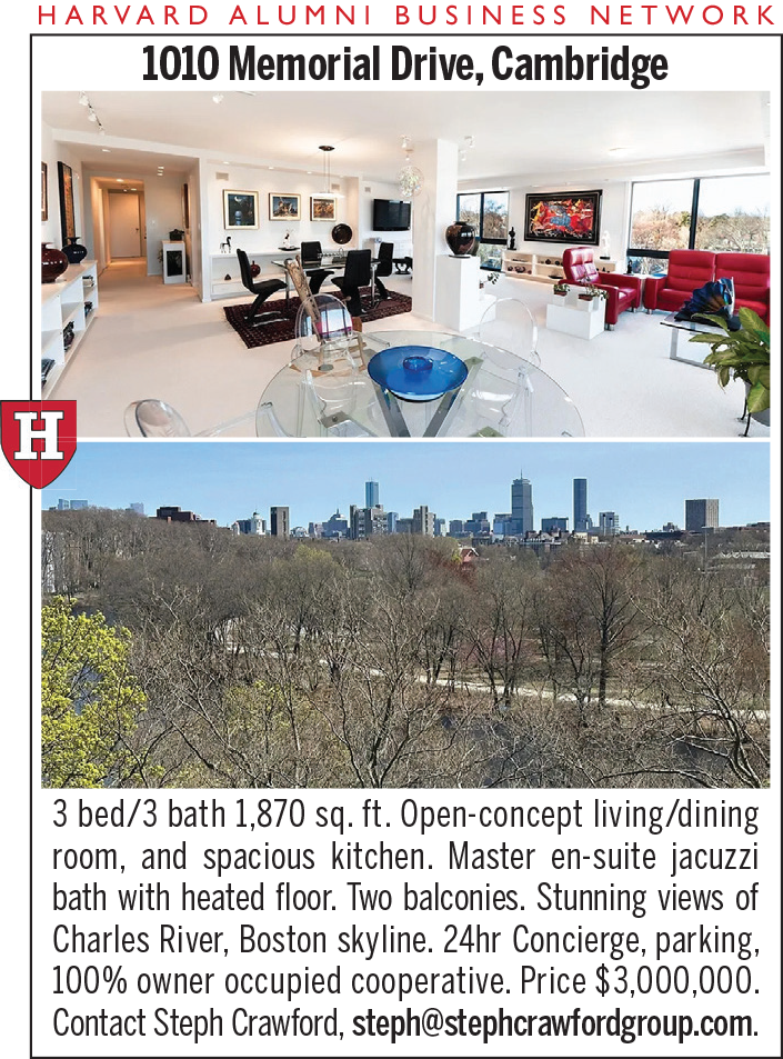 Advertisement for a luxury cooperative apartment at 1010 Memorial Drive, Cambridge. The top photo shows a modern, open-concept living and dining area with white walls, contemporary furnishings, and large windows. The bottom photo shows a scenic view of the Charles River and Boston skyline. Text highlights the 3 bed/3 bath, 1,870 sq. ft. home with balconies, concierge, parking, and a price of $3,000,000. Contact: Steph Crawford, steph@stephcrawfordgroup.com.