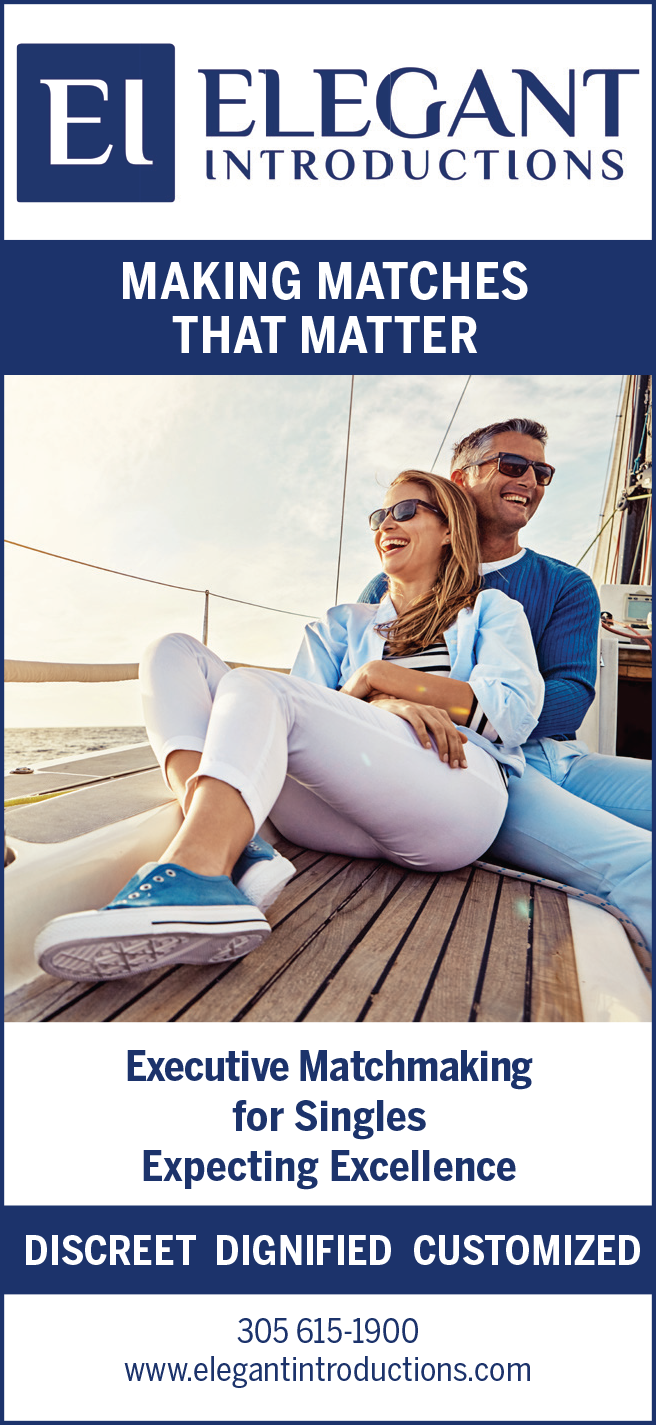 Advertisement for Elegant Introductions, an executive matchmaking service. It features a well-dressed couple smiling and relaxing on a sailboat, with branding and slogans such as "Making Matches That Matter," "Executive Matchmaking for Singles Expecting Excellence," and "Discreet • Dignified • Customized." Contact information and website are included at the bottom. 