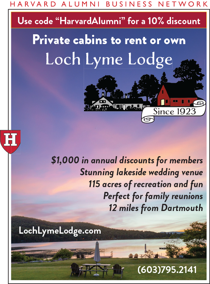 Advertisement for Loch Lyme Lodge, offering private cabins to rent or own. Includes a discount code "HarvardAlumni" for 10% off. Highlights $1,000 annual discounts for members, a lakeside wedding venue, 115 acres of recreation, and proximity to Dartmouth (12 miles). Features an illustrated lodge logo and a scenic lakeside sunset photo with chairs and a dock. Website: LochLymeLodge.com. Phone: (603) 795-2141. Harvard Alumni Business Network branding included.