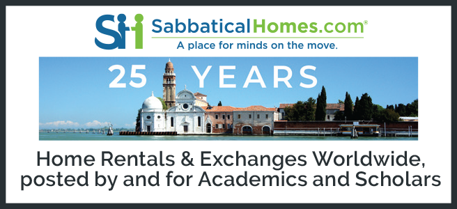 A promotional graphic for SabbaticalHomes.com celebrating its 25th anniversary. The top section features the SabbaticalHomes.com logo and the tagline "A place for minds on the move." Below that, a photo of historic buildings on a canal, possibly in Venice, is overlaid with the text "25 YEARS." The bottom section reads: "Home Rentals & Exchanges Worldwide, posted by and for Academics and Scholars."