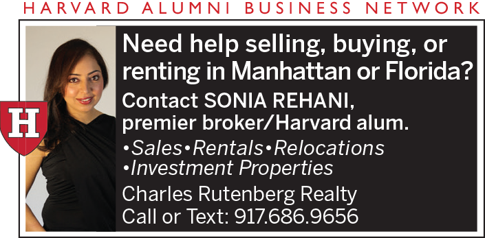 Woman with brown hair past her shoulders and a black top. Sonia Rehani, premier broker/Harvard alum. Sales, rentals, relocations, investment properties in Manhattan and Florida. Charles Rutenberg Realty. Call/text: 917-686-9656.