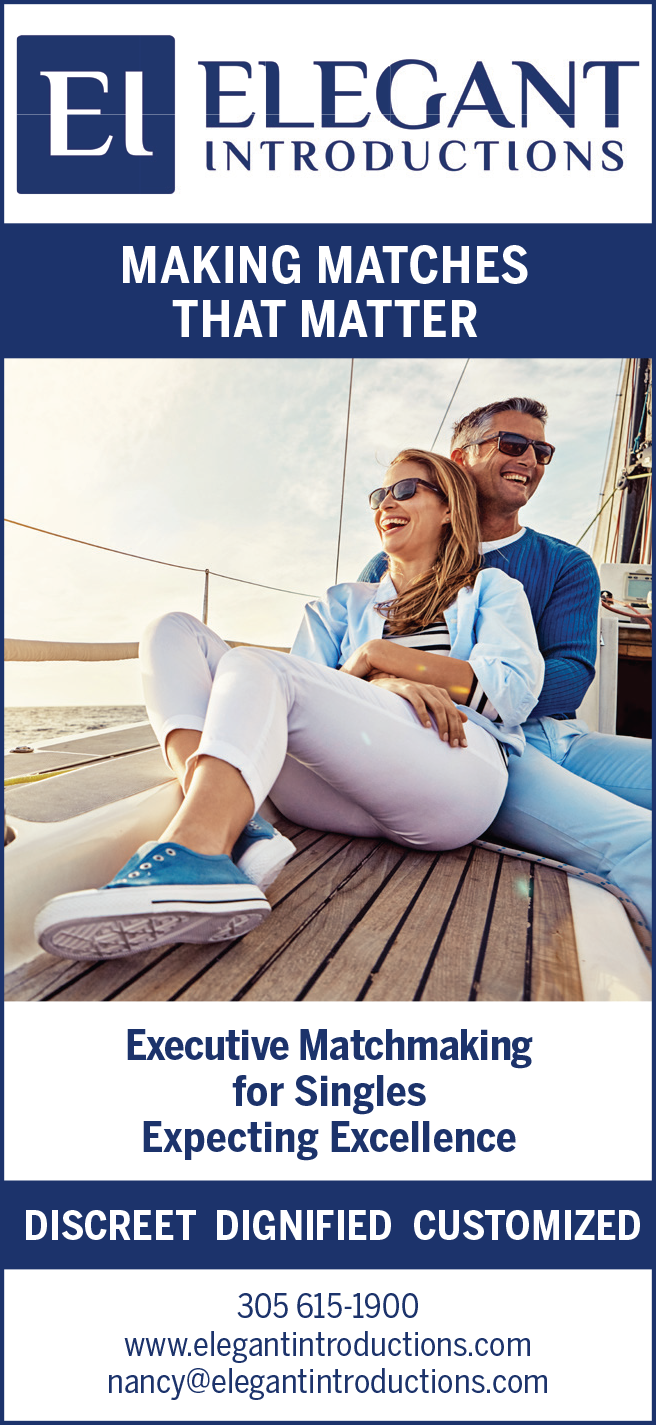 Smiling couple embraces on a boat, featured in ad for Elegant Introductions matchmaking services.