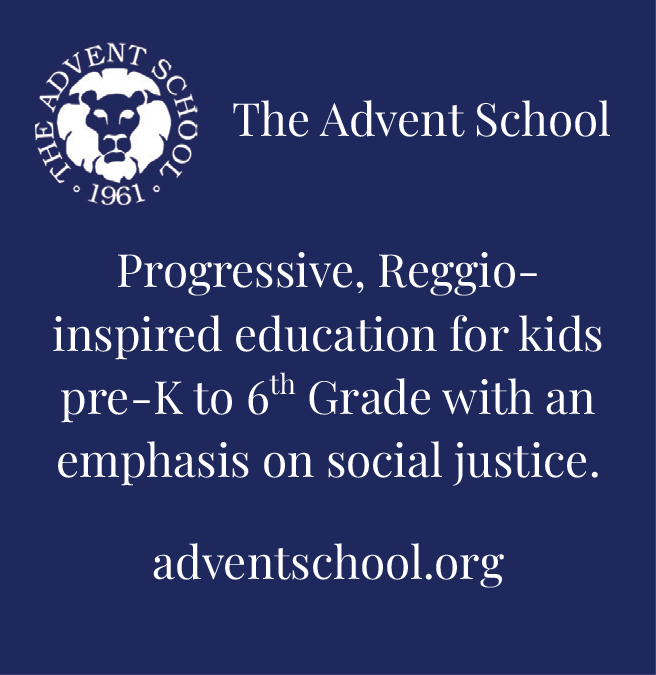 A navy blue advertisement for The Advent School featuring a white lion logo and the text: ‚ÄúProgressive, Reggio-inspired education for kids pre-K to 6th Grade with an emphasis on social justice. adventschool.org