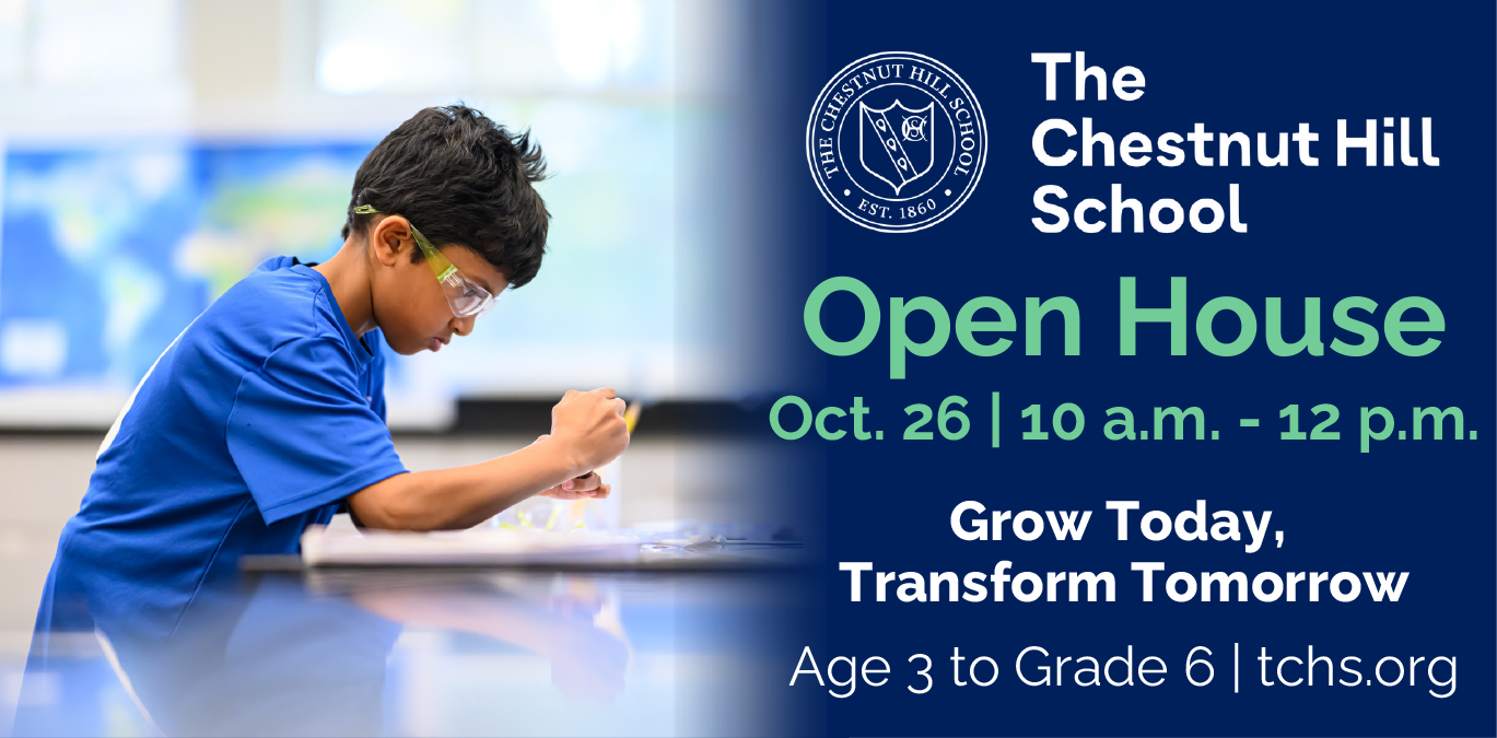 ChatGPT said:  Boy in safety goggles works on a science project; Chestnut Hill School open house info displayed on right.