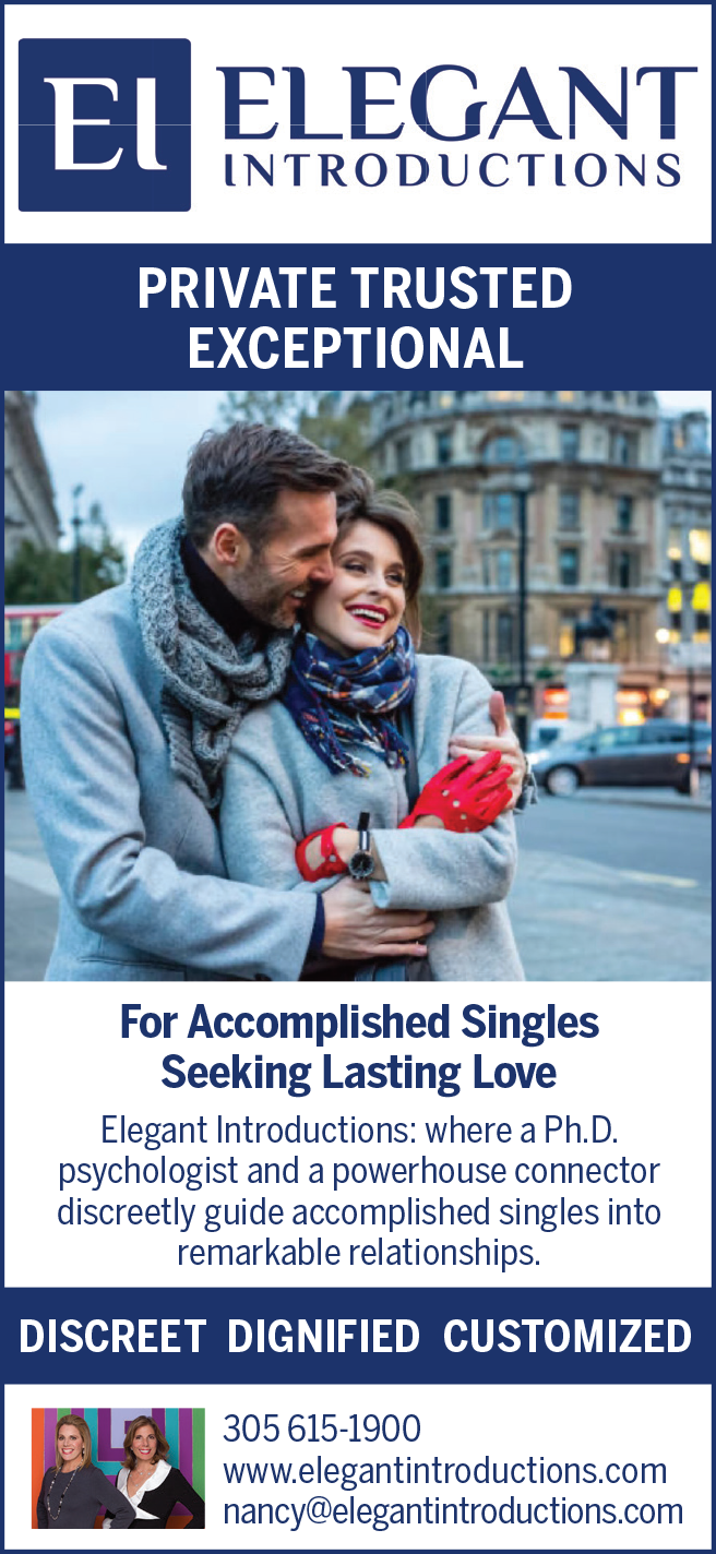 A couple laughing together outdoors, with an elegant brochure for a matchmaking service.