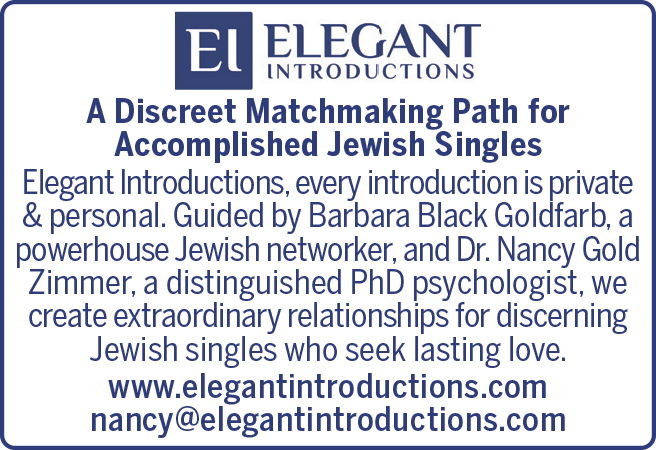 Logo for Elegant Introductions, promoting matchmaking for Jewish singles. Blue background, white text.
