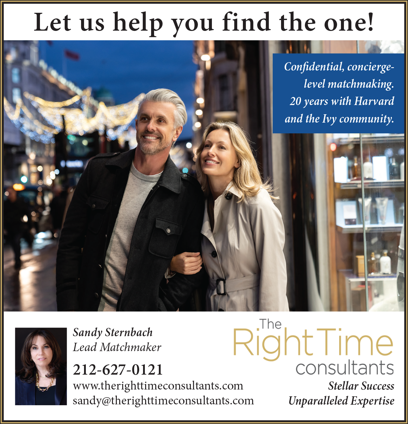 Couple smiling together outdoors, surrounded by string lights, promoting matchmaking services.
