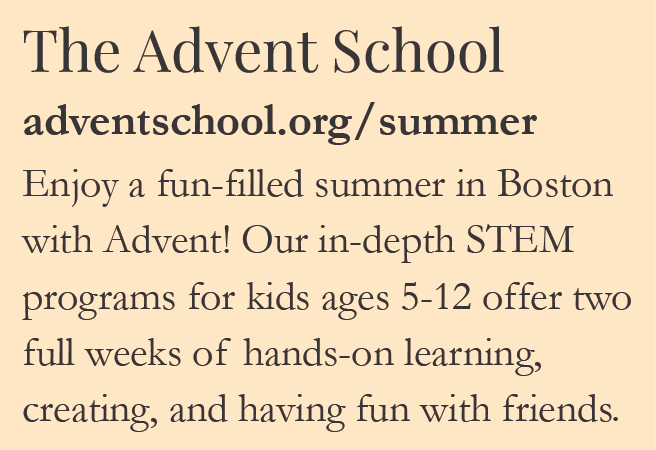 Advent School summer program advertisement for kids aged 5-12 in Boston.
