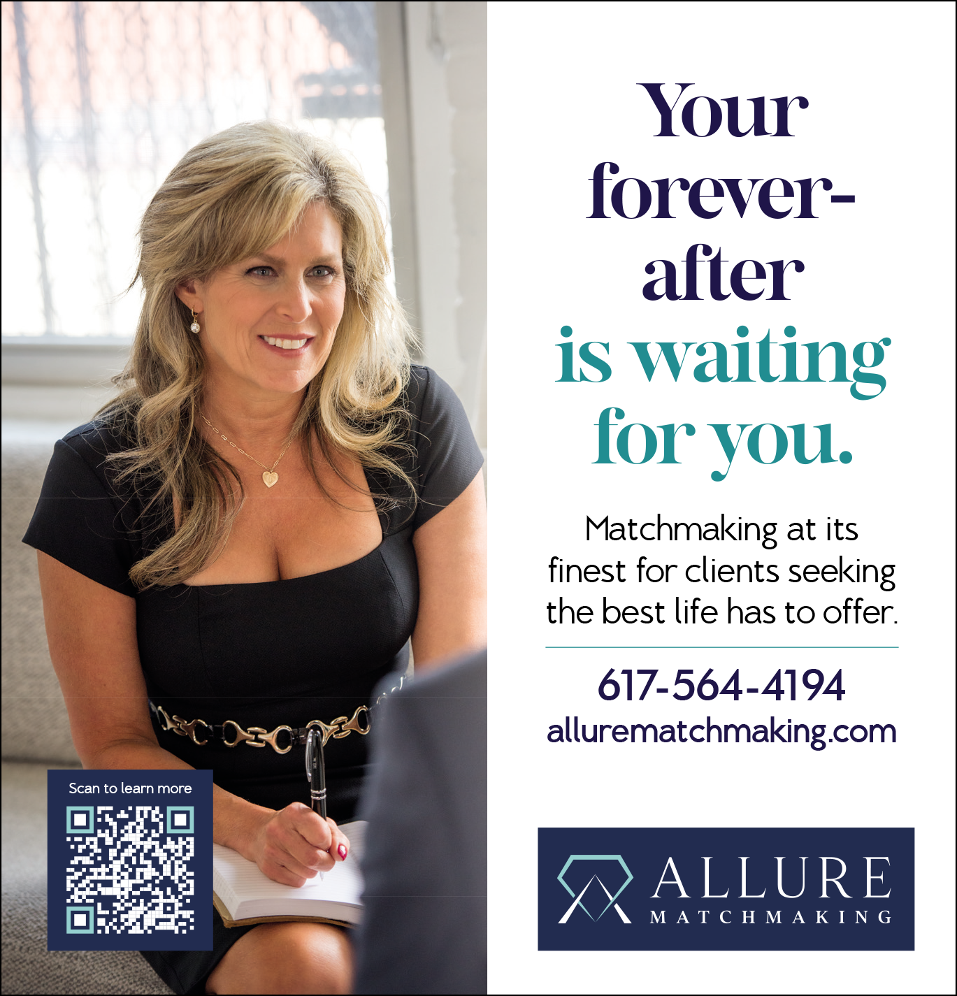 A smiling woman in a black blouse sits at a table, promoting matchmaking services.