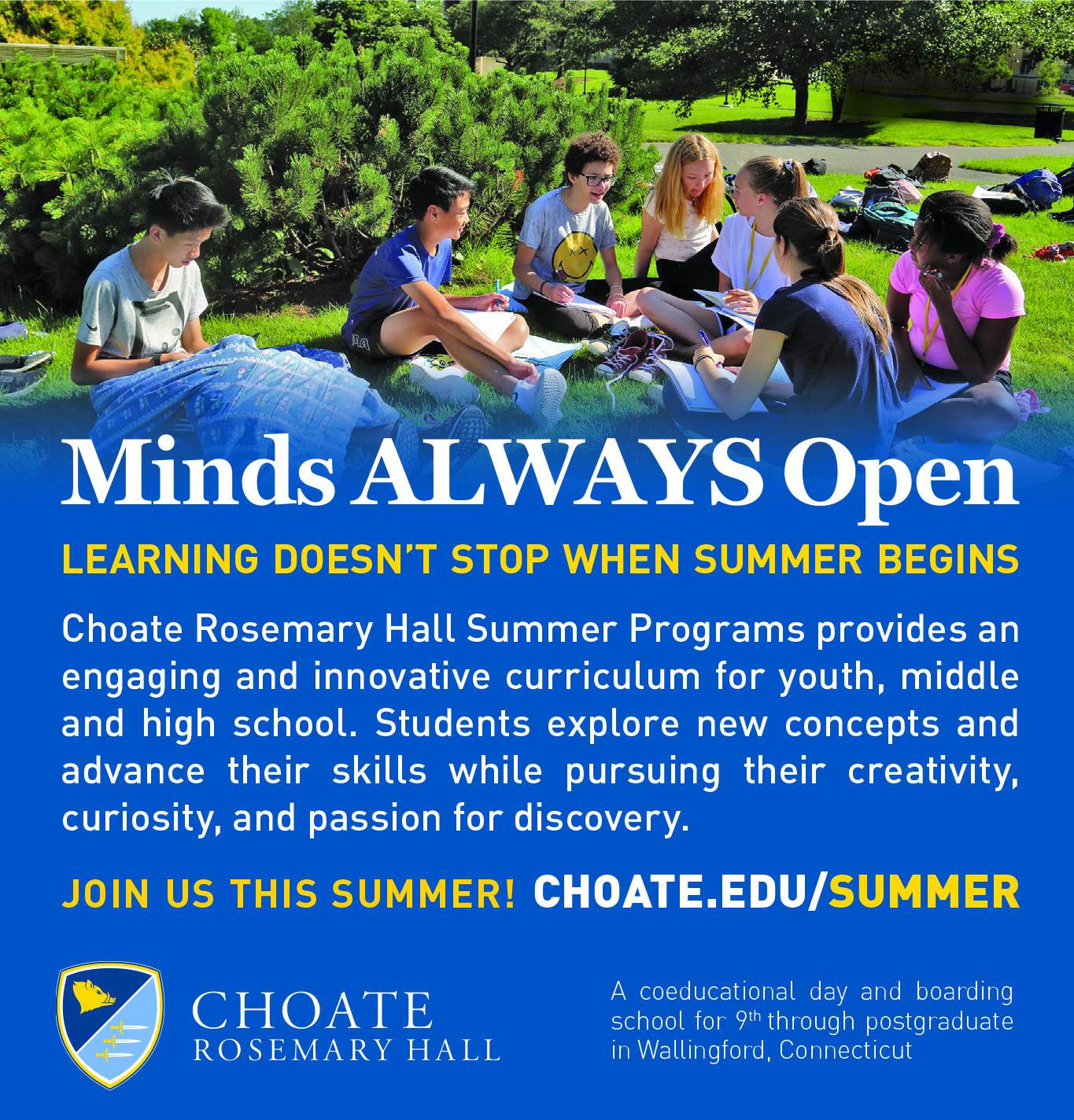 Groups of students engaged in outdoor activities, surrounded by greenery, with text promoting summer programs.
