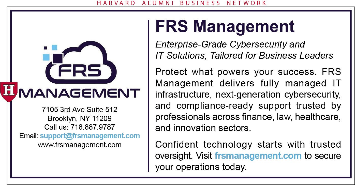 FRS Management logo with a tagline about cybersecurity and IT solutions for businesses.