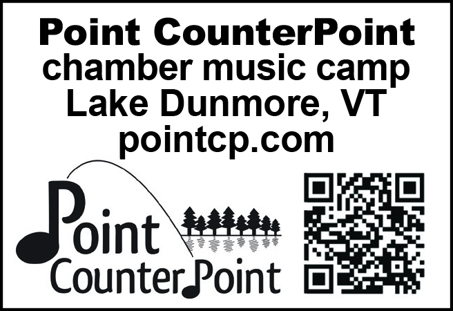 Logo for Point CounterPoint chamber music camp with text and a QR code.