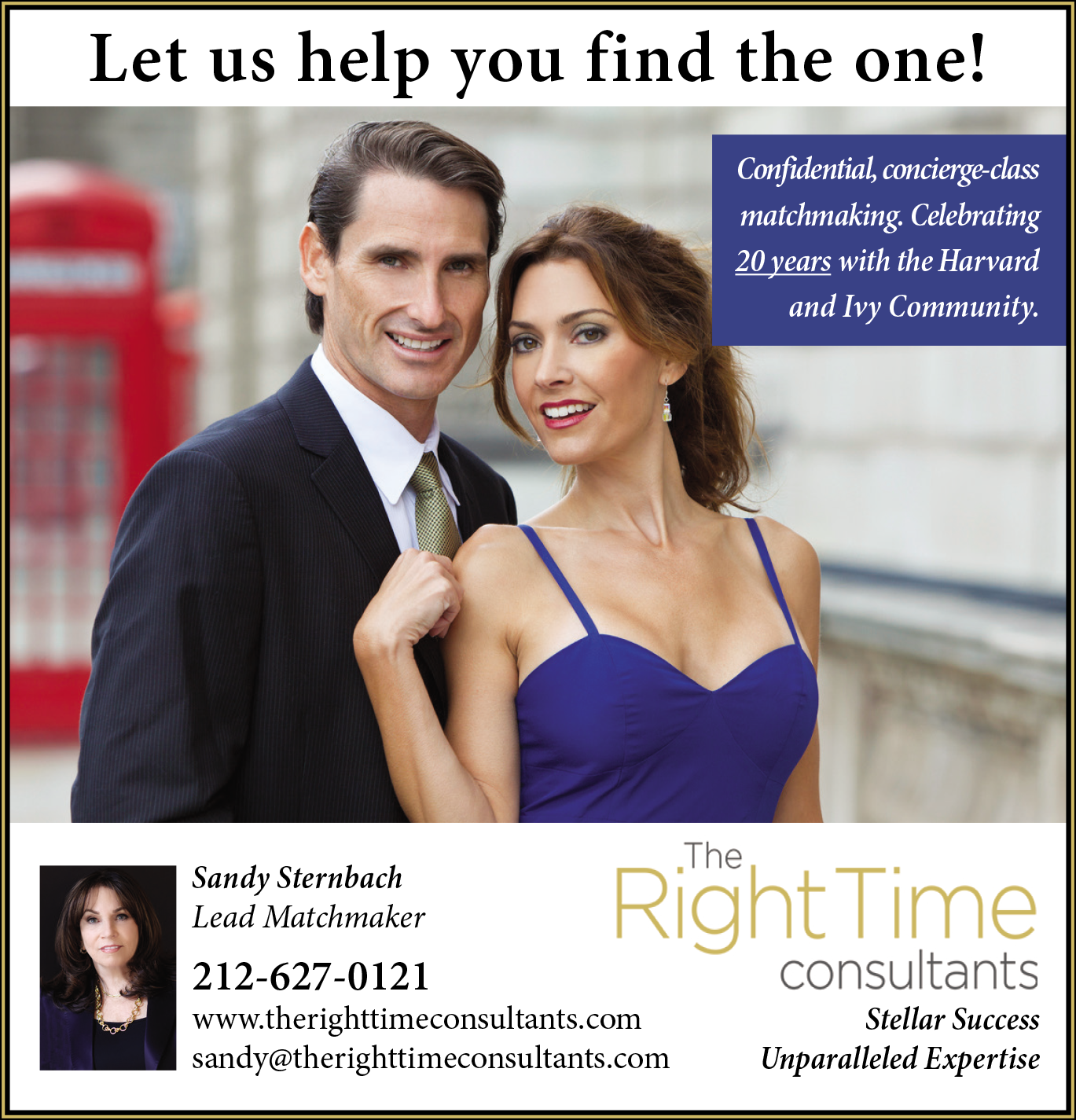 A couple smiling and posing together, with a city background and promotional text in the corner.