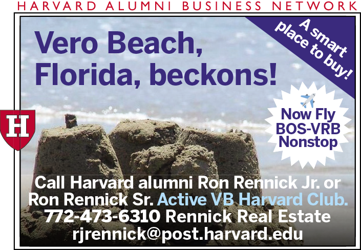 Text advertisement for Vero Beach, Florida, promoting direct flights and real estate services.