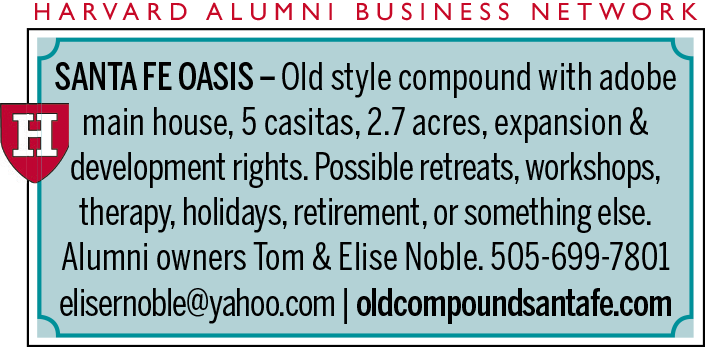 Harvard Alumni Business Network flyer promoting a Santa Fe compound for retreats and workshops.