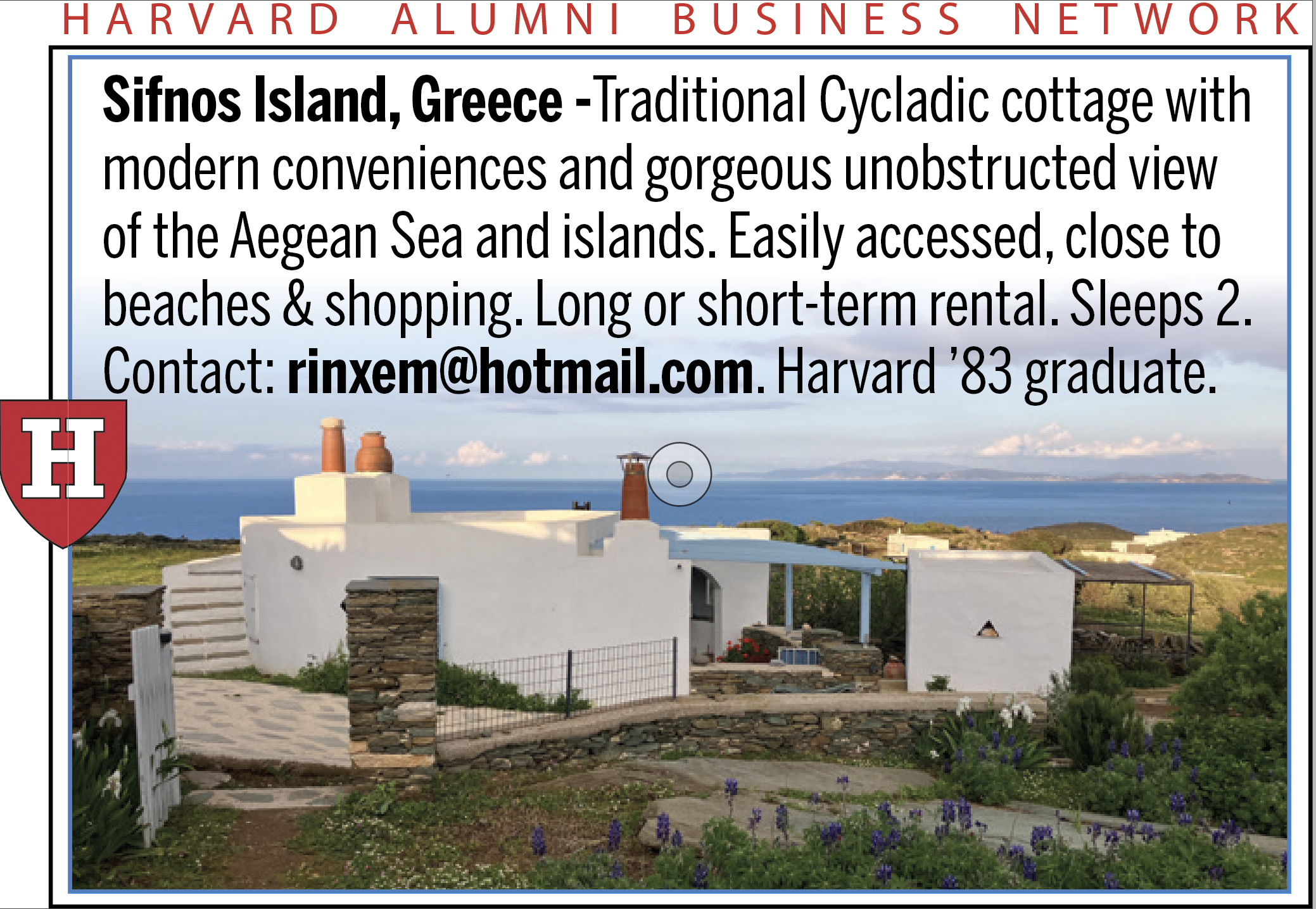 Traditional Cycladic cottage in Sifnos, Greece, with sea view and surrounding greenery.