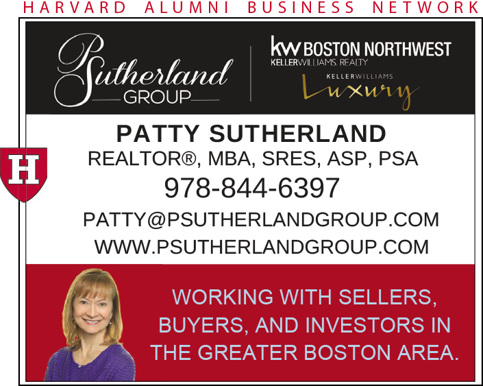 Contact card for Patty Sutherland, realtor, with details and Harvard Alumni logo.