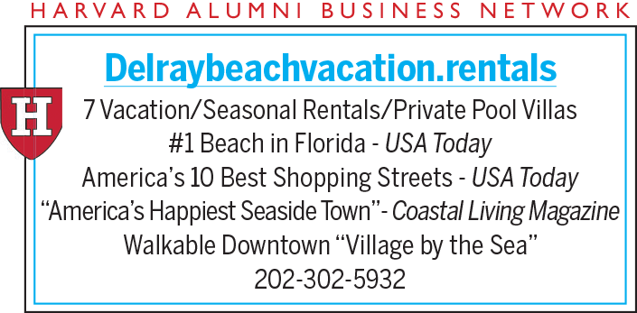 Logo for Harvard Alumni Business Network with text promoting Delray Beach vacation rentals.