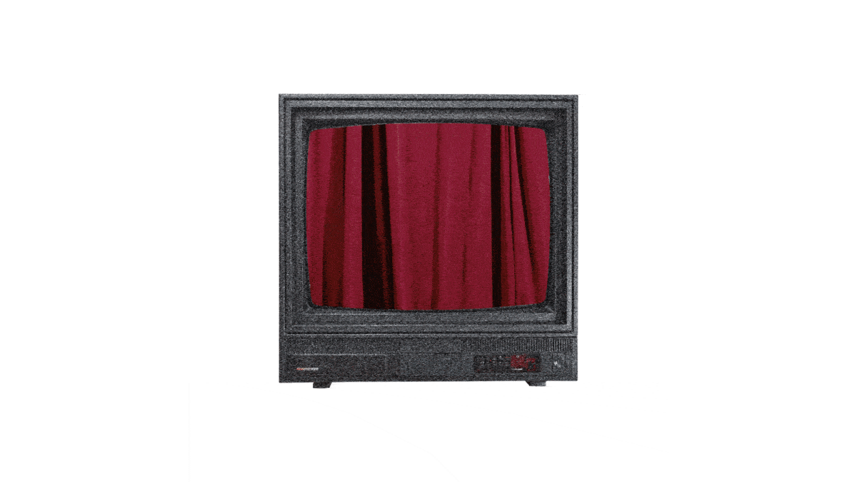 A vintage television set with a dark frame and red curtains inside the screen.