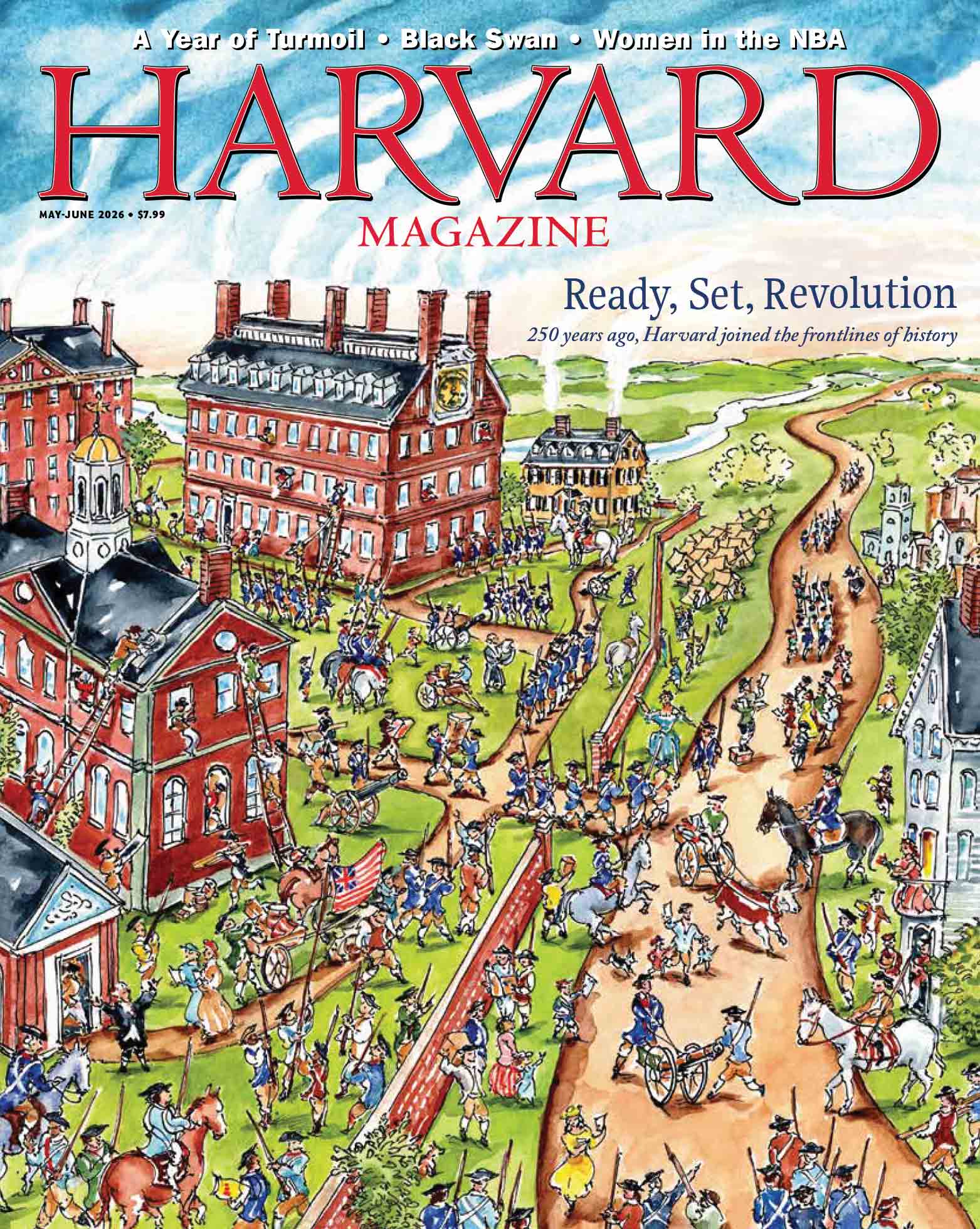 Colorful illustration of a historical scene outside Harvard University, people gathering for a celebration.