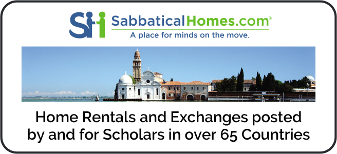 Logo for SabbaticalHomes.com with a scenic city skyline and text about home rentals for scholars.