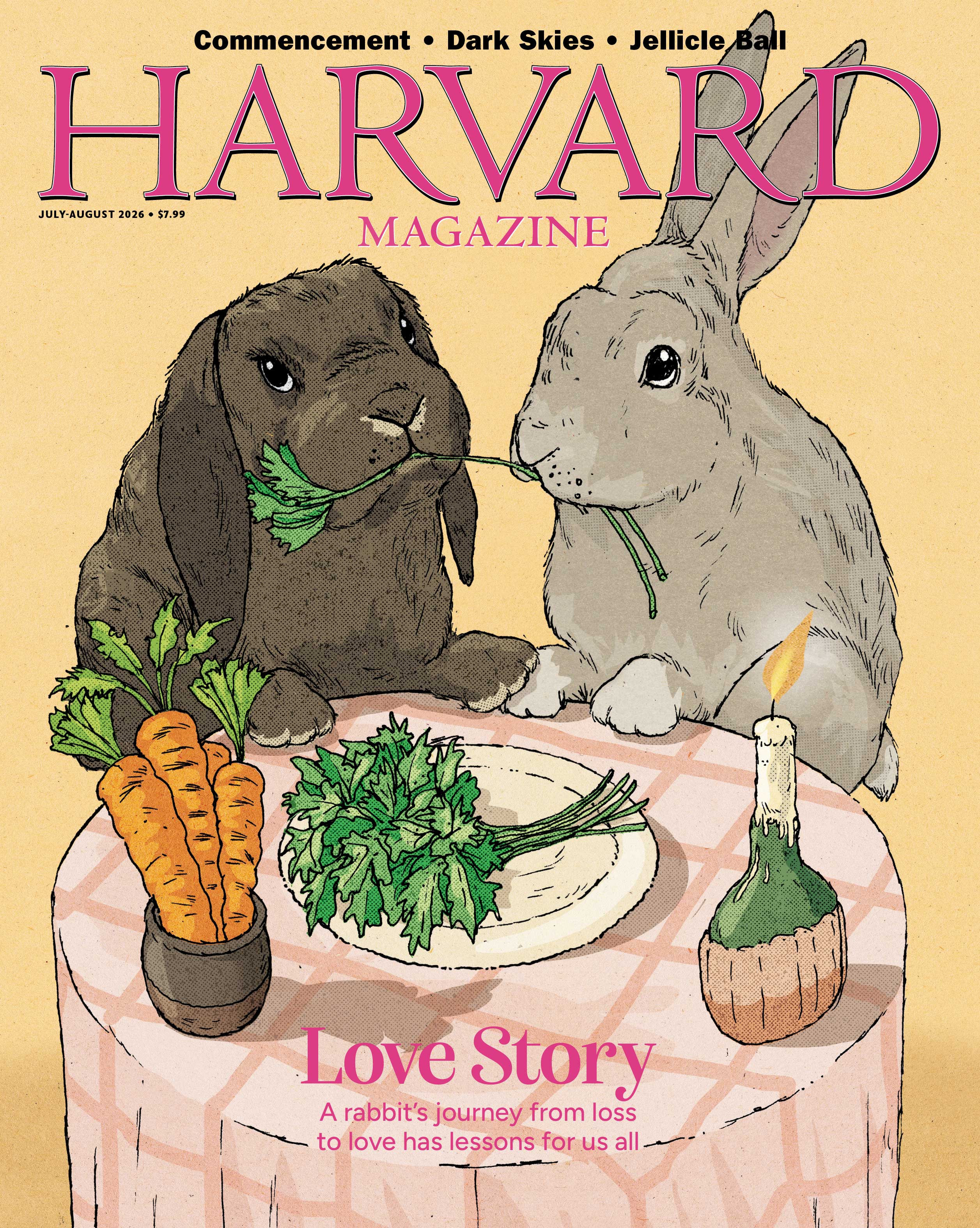 Two cartoon rabbits share a meal of carrots and greens, set against a warm yellow background.