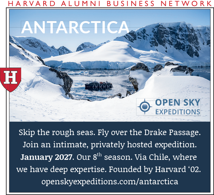 Snowy Antarctic landscape with mountains and glaciers, featuring an invitation to join an expedition.