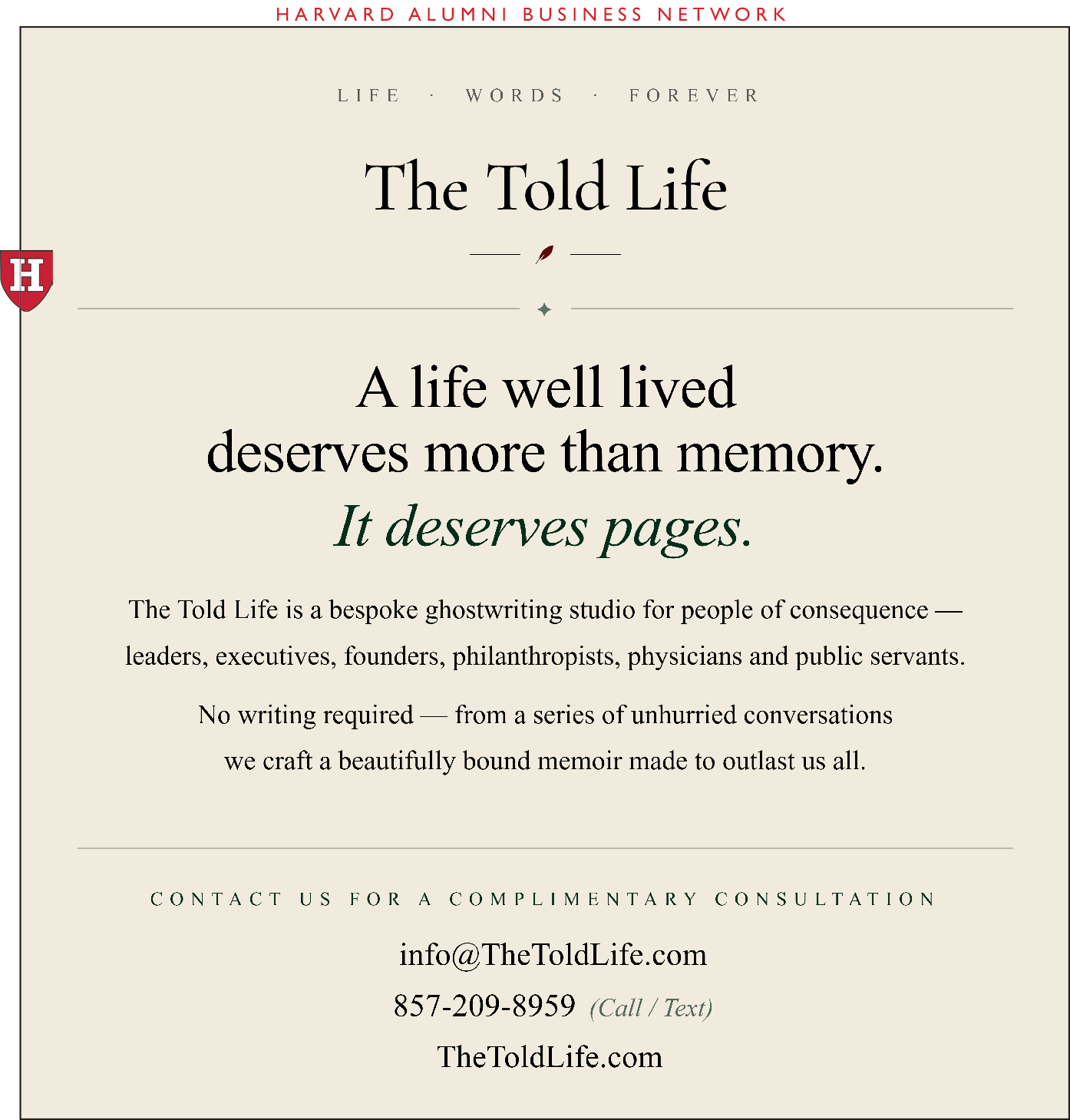 A beige background with text promoting "The Told Life," a ghostwriting service for impactful lives.