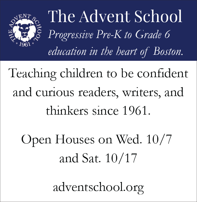 Logo of The Advent School with text about education and upcoming open houses.