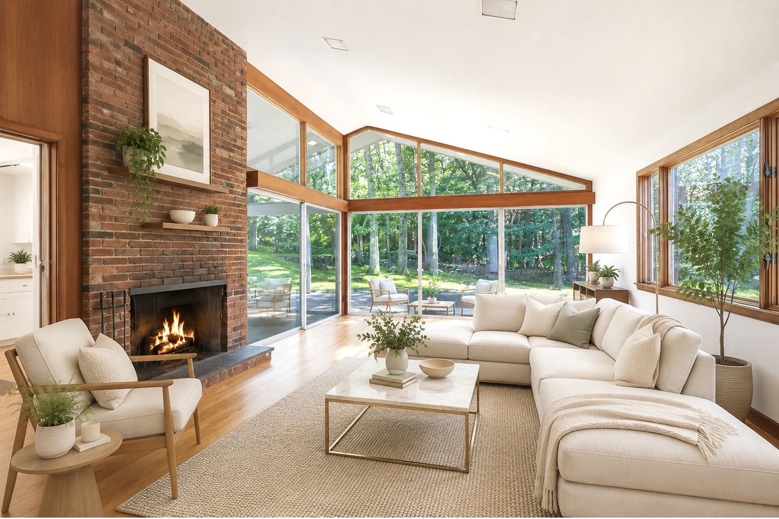 Bright, modern living room with large windows, a cozy fireplace, and neutral furnishings.