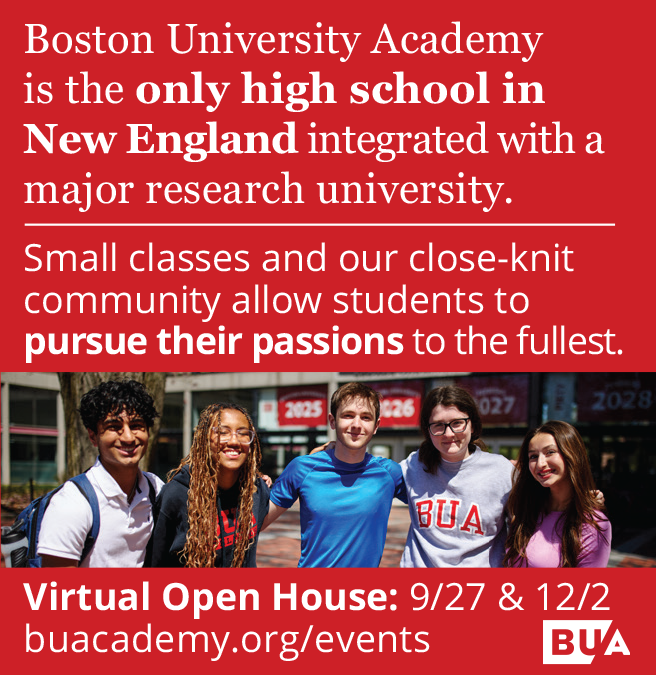 Group of diverse students smiling together, promoting Boston University Academy highlights.